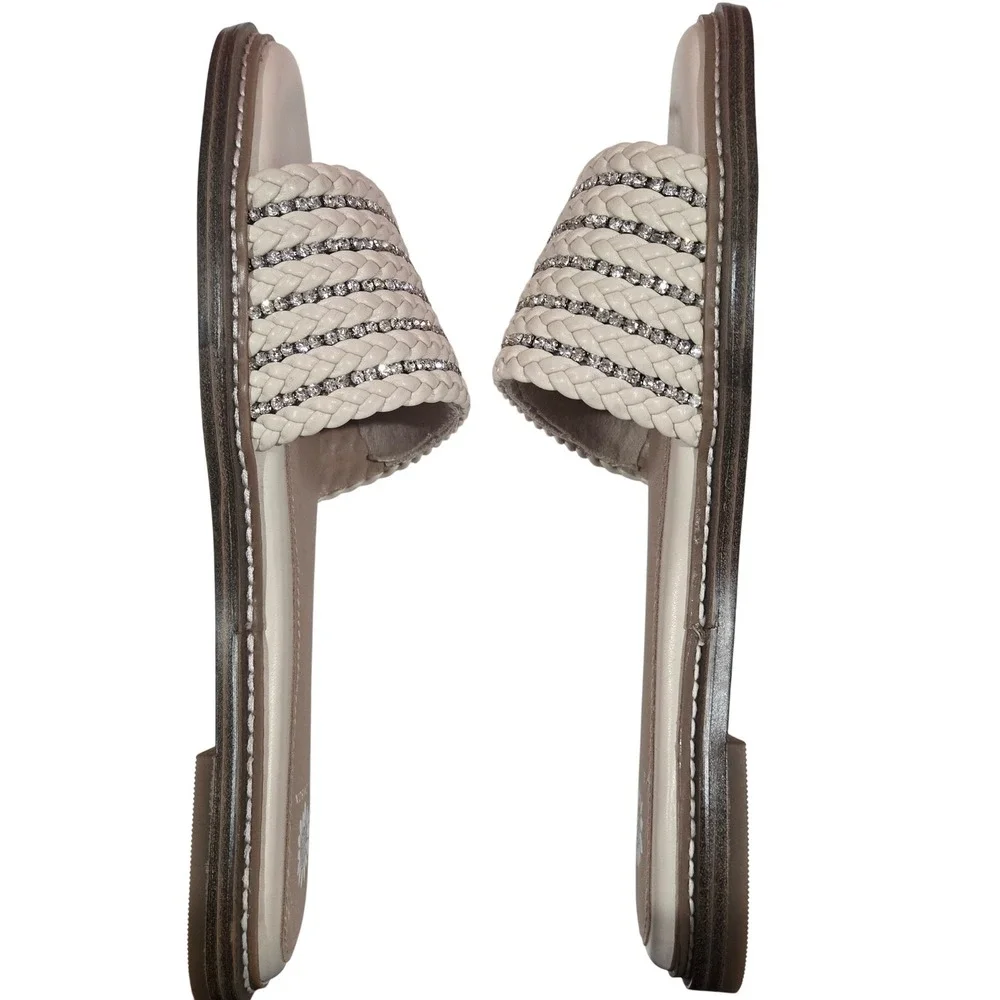 NWOB Yellow Box Cream‎ Braided Rhinestone Slide Sandals Flats Cream Tan Size 8.5 - Picture 3 of 3